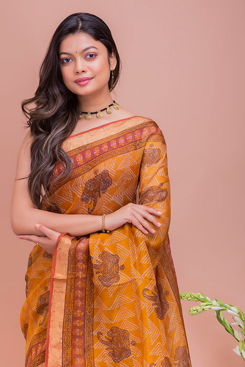 TICH Classic Elegance. Bagru & Dabu Block Printed Kota Silk Saree - Mustard Elephants