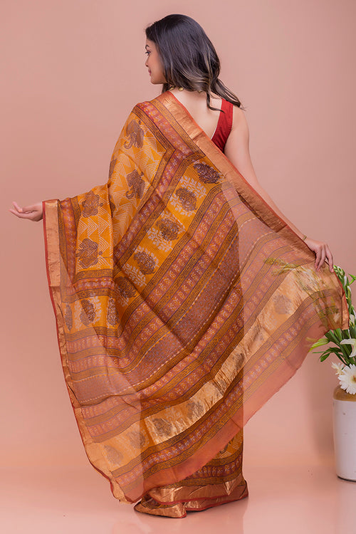 TICH Classic Elegance. Bagru & Dabu Block Printed Kota Silk Saree - Mustard Elephants