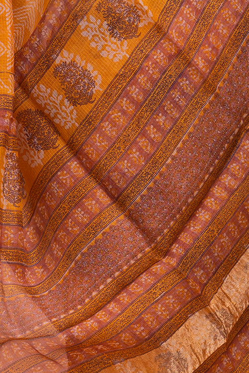 TICH Classic Elegance. Bagru & Dabu Block Printed Kota Silk Saree - Mustard Elephants