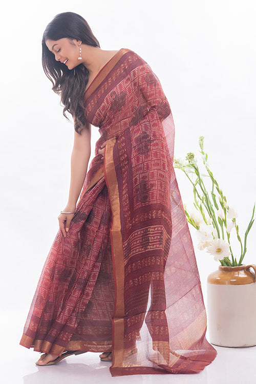 Bagru & Dabu Block Printed Pink Elephants Kota Doria Saree Online