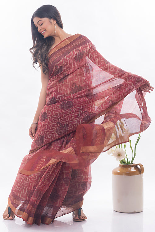 TICH Classic Elegance. Bagru & Dabu Block Printed Kota Silk Saree - Pink Elephants