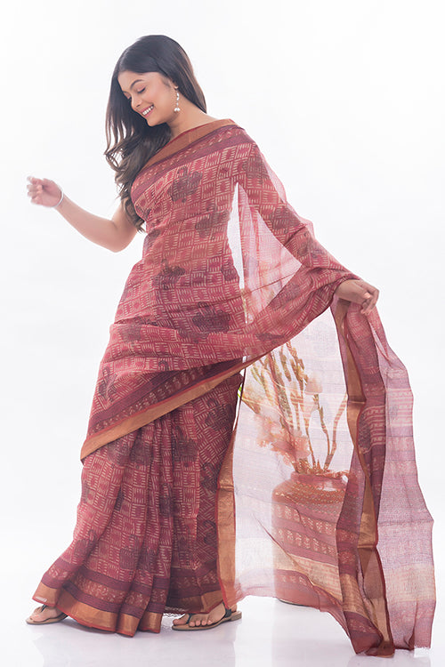 TICH Classic Elegance. Bagru & Dabu Block Printed Kota Silk Saree - Pink Elephants