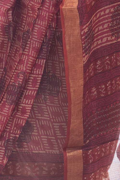 TICH Classic Elegance. Bagru & Dabu Block Printed Kota Silk Saree - Pink Elephants