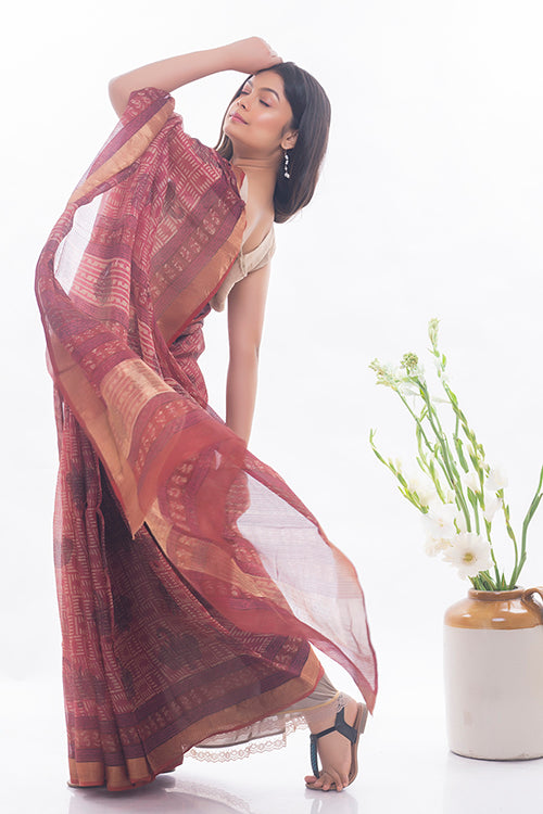 TICH Classic Elegance. Bagru & Dabu Block Printed Kota Silk Saree - Pink Elephants