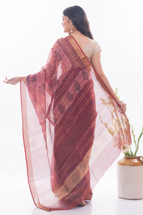 TICH Classic Elegance. Bagru & Dabu Block Printed Kota Silk Saree - Pink Elephants