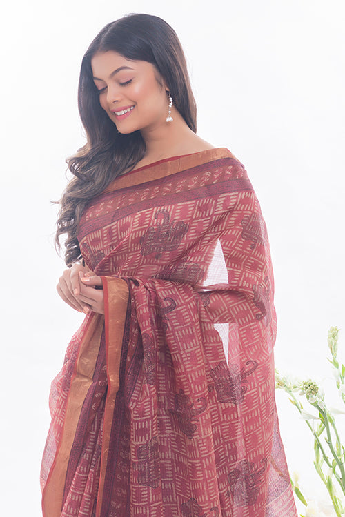 TICH Classic Elegance. Bagru & Dabu Block Printed Kota Silk Saree - Pink Elephants