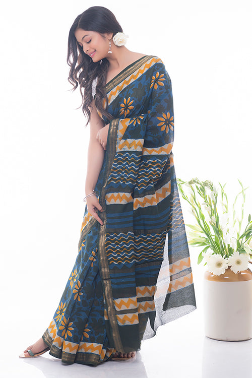 TICH Summer Moods. Dabu Block Printed Maheshwari Saree - Blue & Yellow Daisies