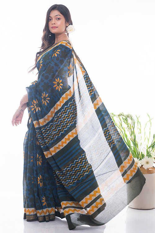 TICH Summer Moods. Dabu Block Printed Maheshwari Saree - Blue & Yellow Daisies