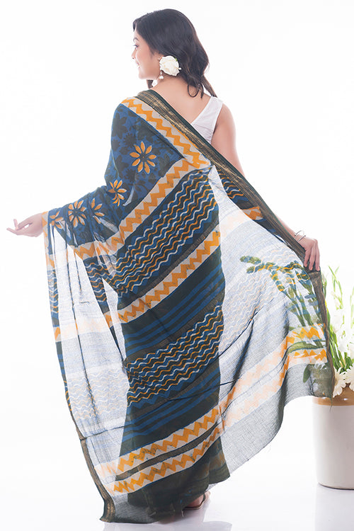 TICH Summer Moods. Dabu Block Printed Maheshwari Saree - Blue & Yellow Daisies