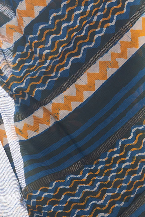 TICH Summer Moods. Dabu Block Printed Maheshwari Saree - Blue & Yellow Daisies