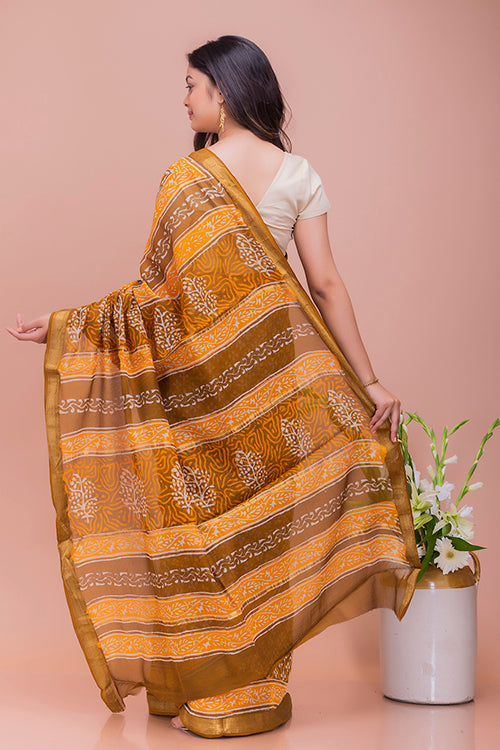 TICH Summer Moods. Dabu Block Printed Maheshwari Saree - Brown & Yellow Motifs