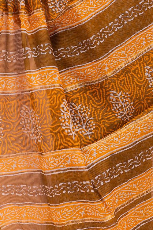 TICH Summer Moods. Dabu Block Printed Maheshwari Saree - Brown & Yellow Motifs