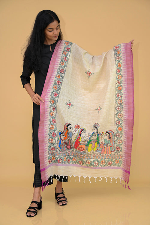Diorama Designs Handpainted Gopiyan  Madhubani Dupatta