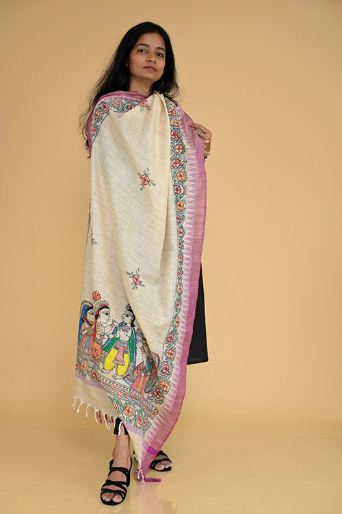 Diorama Designs Handpainted Gopiyan  Madhubani Dupatta