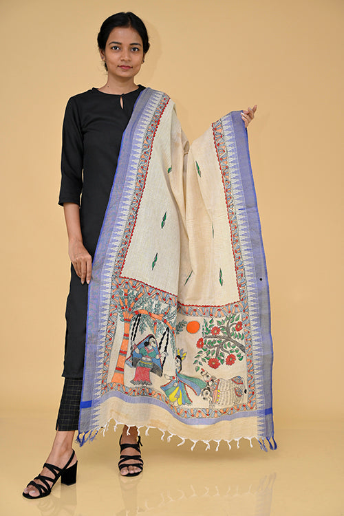 Diorama Designs Handpainted Radhakrishna  Madhubani Dupatta