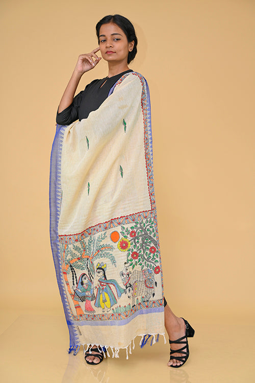 Diorama Designs Handpainted Radhakrishna  Madhubani Dupatta
