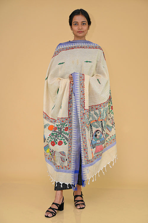 Diorama Designs Handpainted Radhakrishna  Madhubani Dupatta