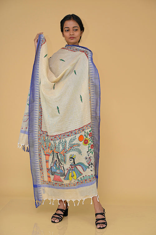 Diorama Designs Handpainted Radhakrishna  Madhubani Dupatta