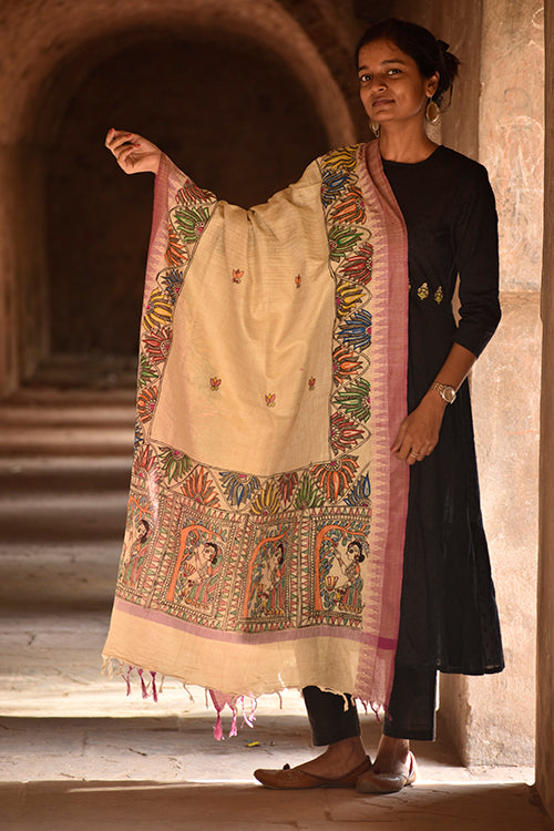 Diorama Designs Madhubani Handpainted Cotton Dupatta With Temple Border