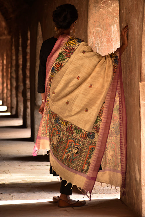 Diorama Designs Madhubani Handpainted Cotton Dupatta With Temple Border