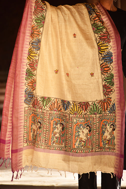 Diorama Designs Madhubani Handpainted Cotton Dupatta With Temple Border