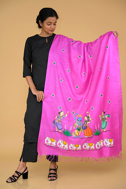 Diorama Designs Pattachitra Handpainted Munga Silk "Krishna Samyukta" Dupatta