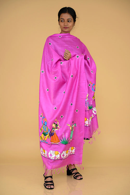Diorama Designs Pattachitra Handpainted Munga Silk  "Krishna Samyukta" Dupatta