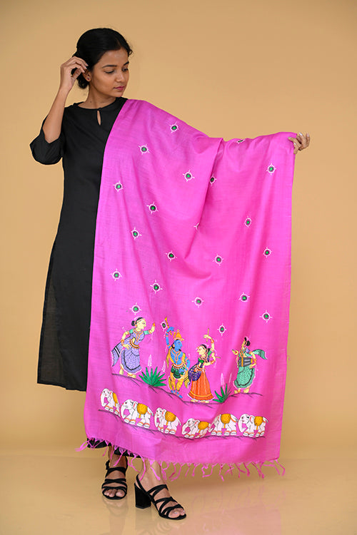 Diorama Designs Pattachitra Handpainted Munga Silk  "Krishna Samyukta" Dupatta