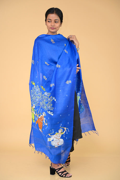 Diorama Designs Pattachitra Handpainted Munga Silk  "Tranquil" Dupatta
