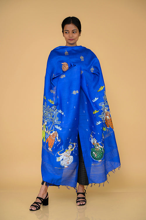 Diorama Designs Pattachitra Handpainted Munga Silk  "Tranquil" Dupatta