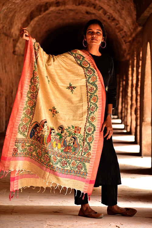 Diorama Designs Madhubani Cotton Ram Sita Vivah Handpainted Dupatta