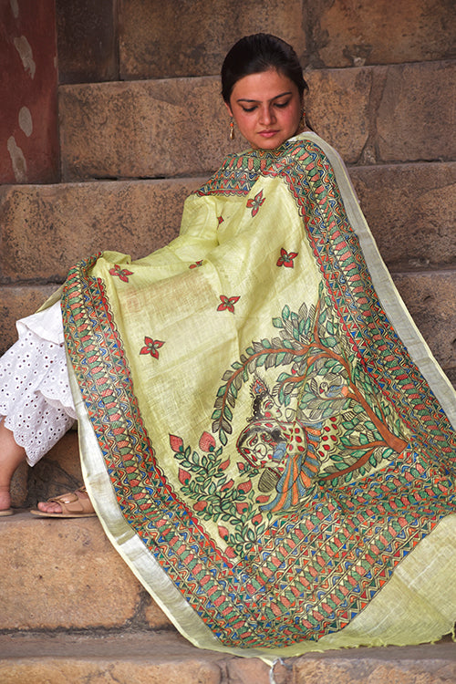 Diorama Designs Madhubani Hand-Painted 'Radha Krishna' Linen Dupatta