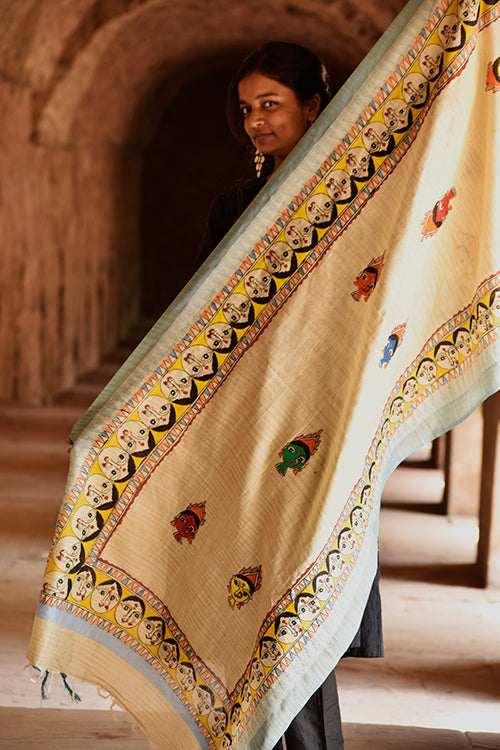 Diorama Designs Madhubani Hand-Painted Durga Face Cotton Dupatta