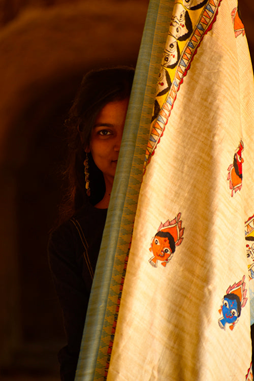 Diorama Designs Madhubani Hand-Painted Durga Face Cotton Dupatta