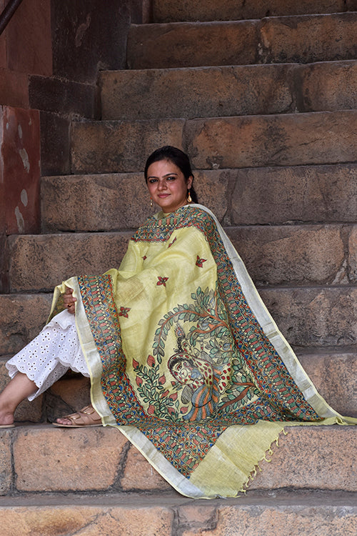 Diorama Designs Madhubani Hand-Painted 'Radha Krishna' Linen Dupatta