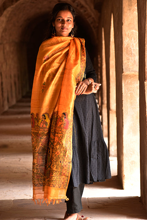 Diorama Designs Madhubani Hand-Painted Tussar Silk Dupatta