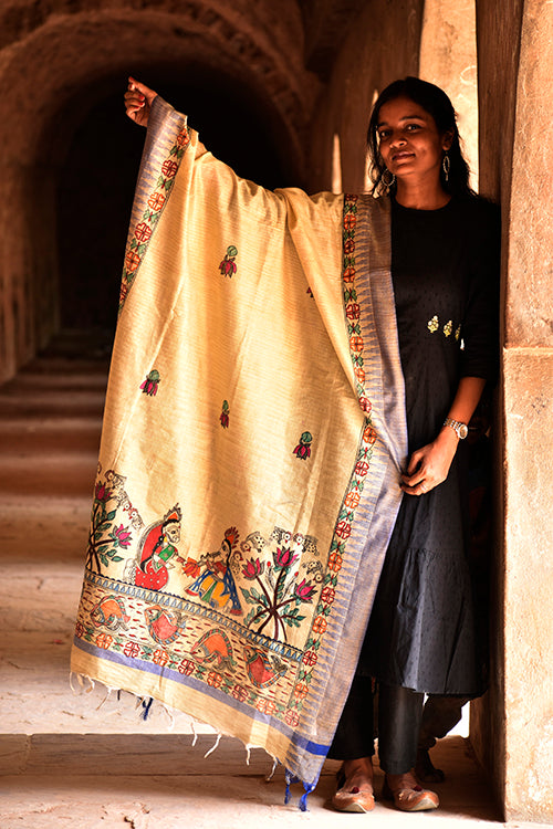 Diorama Designs Madhubani Hand-Painted Radha Krishna Cotton Dupatta