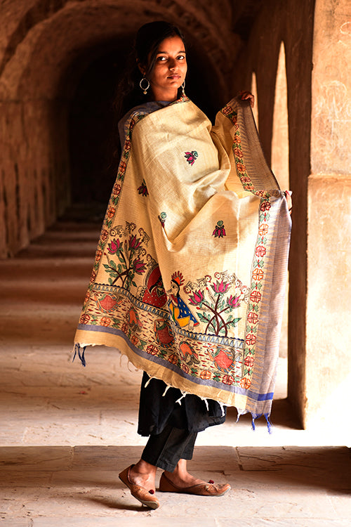 Diorama Designs Madhubani Hand-Painted Radha Krishna Cotton Dupatta