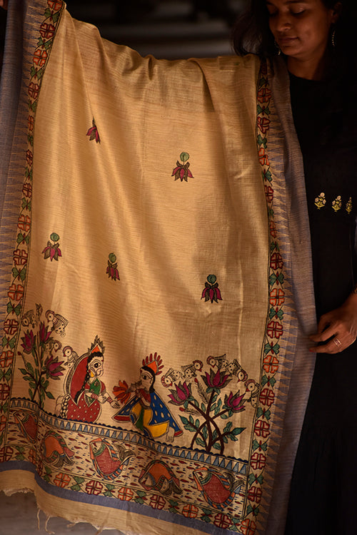Diorama Designs Madhubani Hand-Painted Radha Krishna Cotton Dupatta