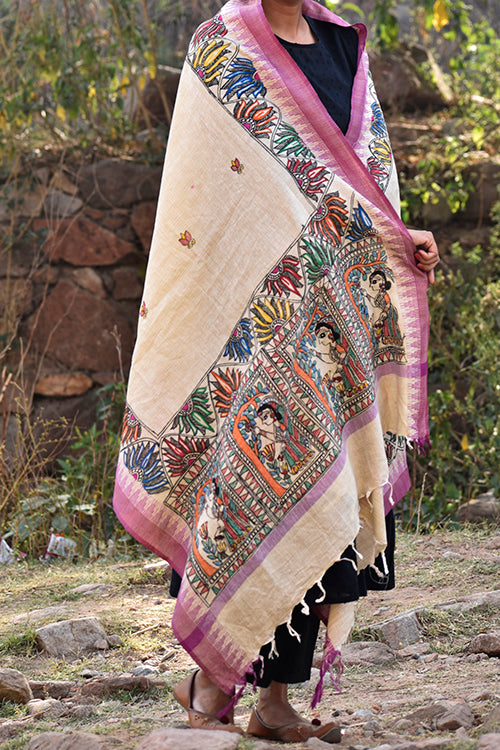 Diorama Designs Madhubani Handpainted Cotton Dupatta With Temple Border