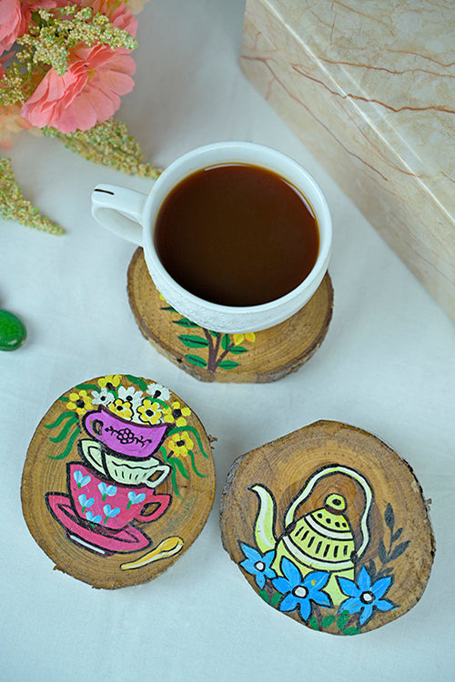 Teak Wood Handpainted Tea-Time Coasters- Set Of 4