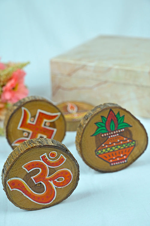 Teak Wood Handpainted Devotion Coasters- Set Of 4