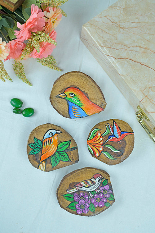 Teak Wood Handpainted Fledgling Coasters- Set Of 4