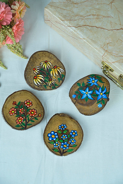 Teak Wood Handpainted Blossom Coasters- Set Of 4