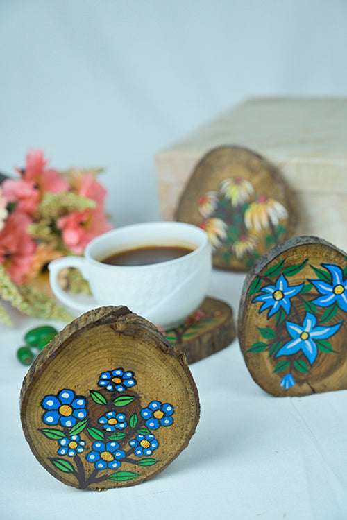 Teak Wood Handpainted Blossom Coasters- Set Of 4
