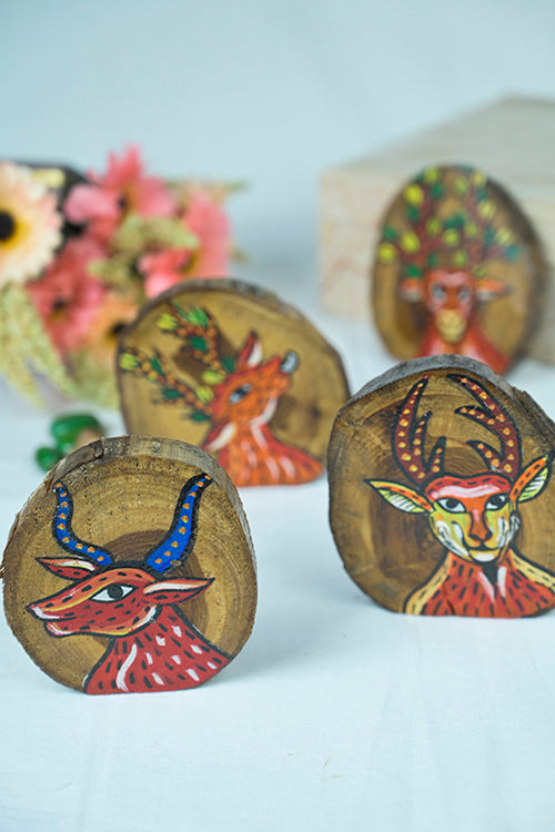 Teak Wood Handpainted Reindeer Coasters- Set Of 4