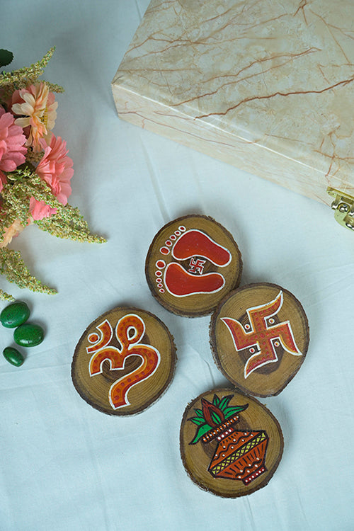 Teak Wood Handpainted Calm Coasters- Set Of 4