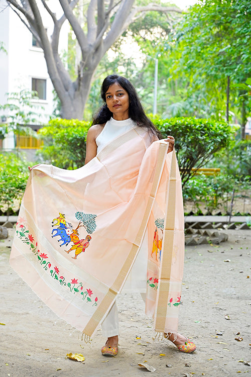 Diorama Designs Pichwai Handpainted "Miniature" Maheshwari Silk Dupatta