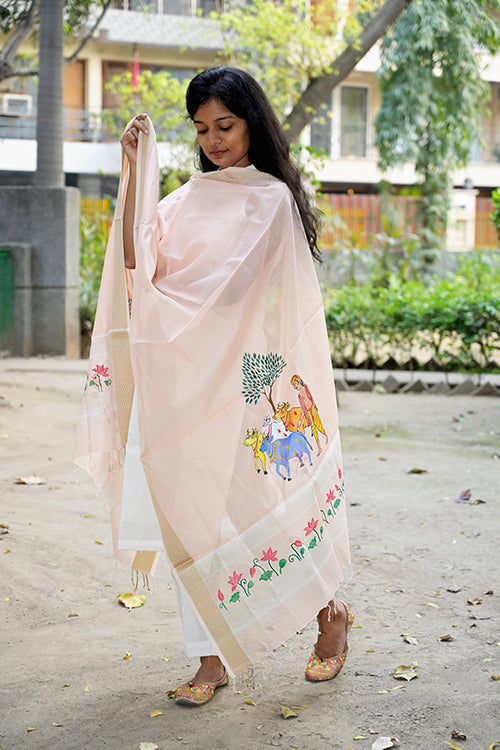 Diorama Designs Pichwai Handpainted "Miniature" Maheshwari Silk Dupatta