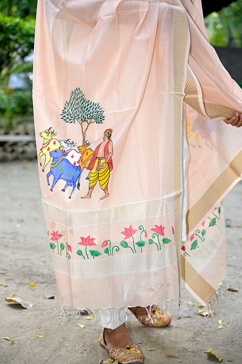 Diorama Designs Pichwai Handpainted "Miniature" Maheshwari Silk Dupatta